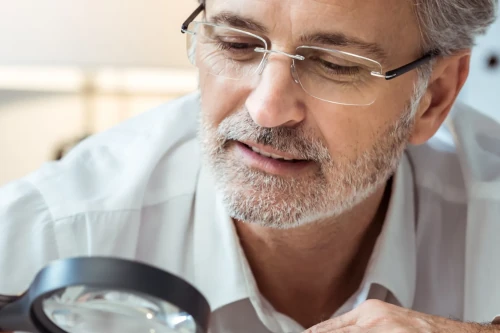 Mann mittleren Alters mit Brille betrachtet ein Objekt durch eine Lupe